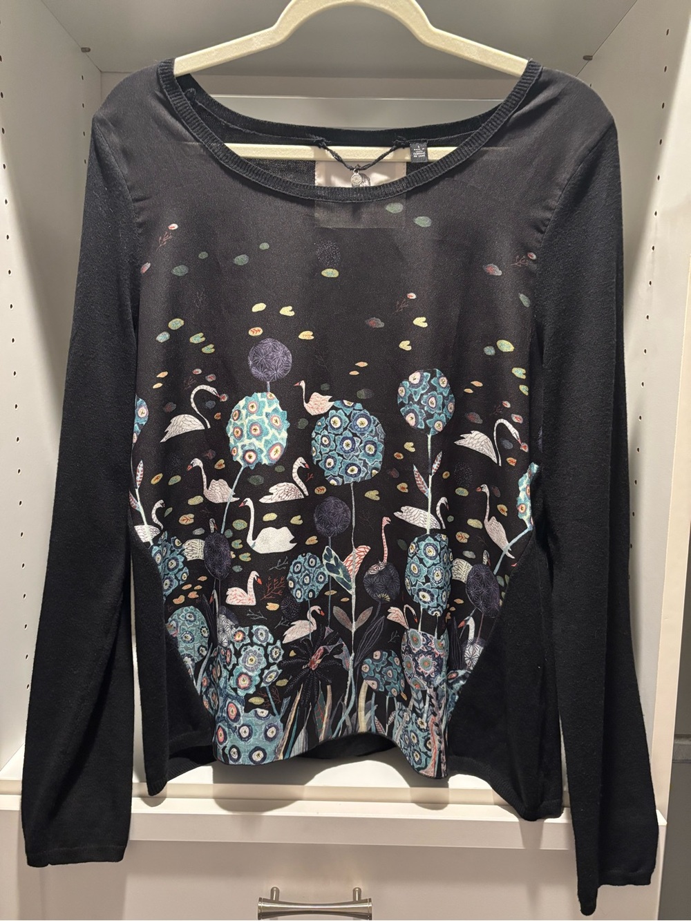 Michele Black Long-Sleeve Top with Blue Floral & Swan Motif